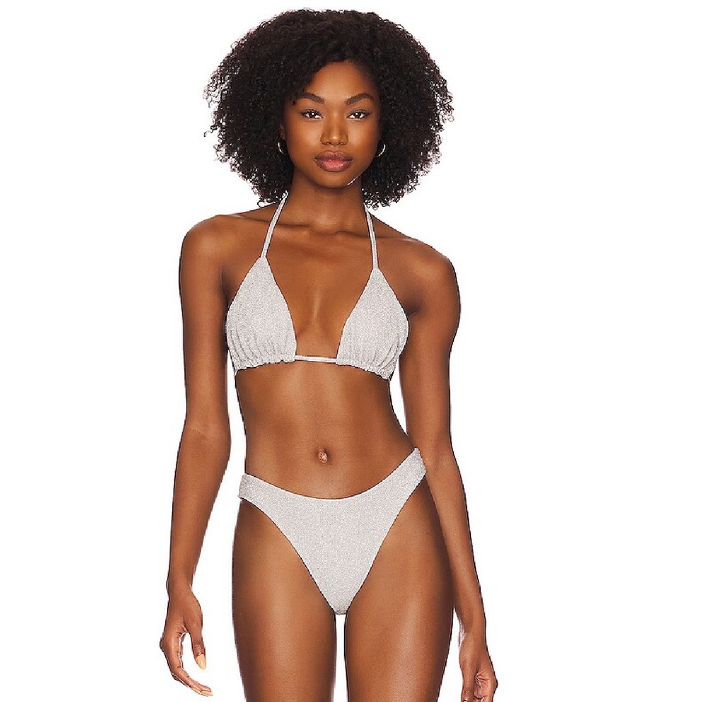 NWT Good American Silver Sparkle Tiny Ties Bikini Top Size 2 Medium Triangle